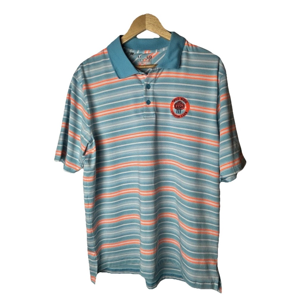 Under Armour Heat Gear Mens L Golf Polo Wild‎ Wood Country Club Blue Stripe
